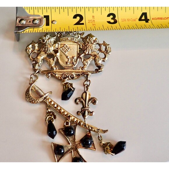Edwardian Coat of Arms Hanging Fluer de Lei Sward Jet Cross Bead Brooch C Catch - Picture 9 of 12